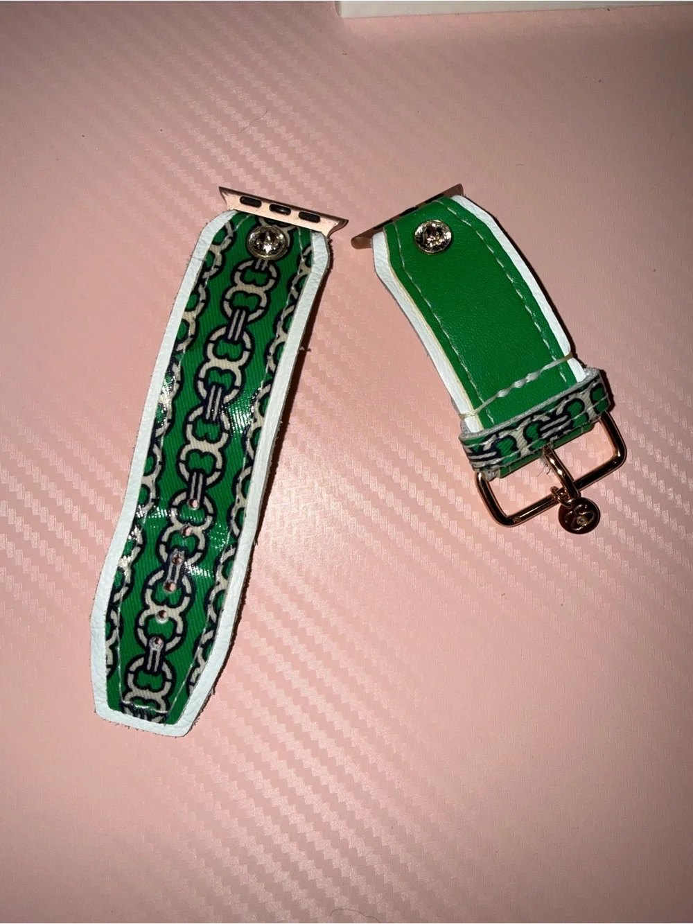 Tory Burch Green Watch Band with White Trim and Gold Hardware